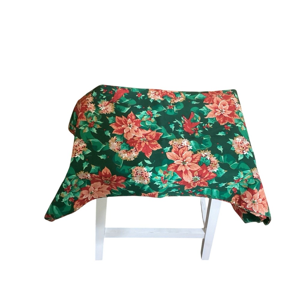 Vintage Green Christmas Tablecloth with Poinsettias and Flowers 59"L x 58" W